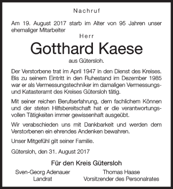 Traueranzeige von Gotthard Kaese von Neue Westfälische