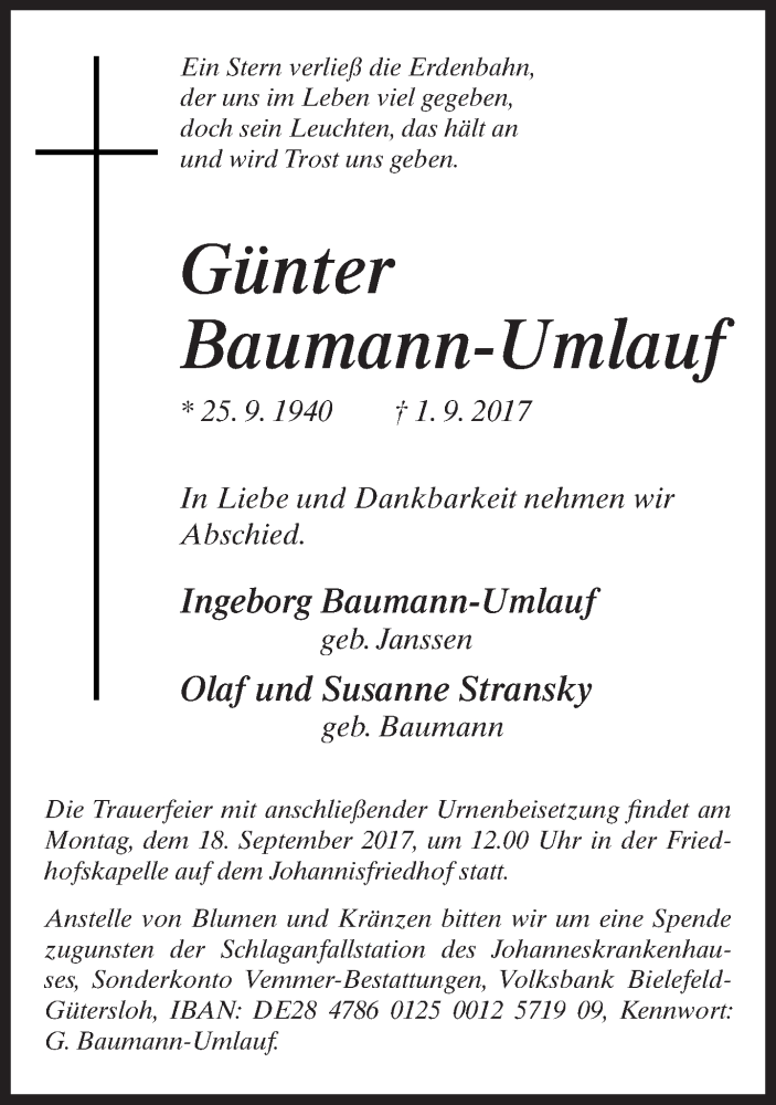  Traueranzeige für Günter Baumann-Umlauf vom 09.09.2017 aus Neue Westfälische