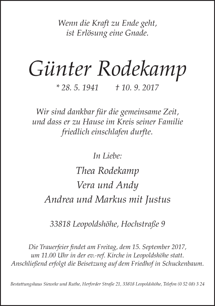  Traueranzeige für Günter Rodekamp vom 12.09.2017 aus Neue Westfälische