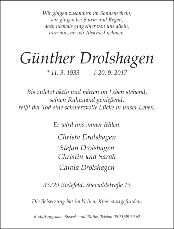 Traueranzeige von Günther Drolshagen von Neue Westfälische