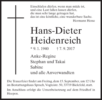 Traueranzeige von Hans-Dieter Heidenreich von Neue Westfälische