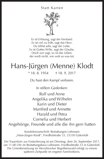 Traueranzeige von Hans-Jürgen Klodt von Neue Westfälische