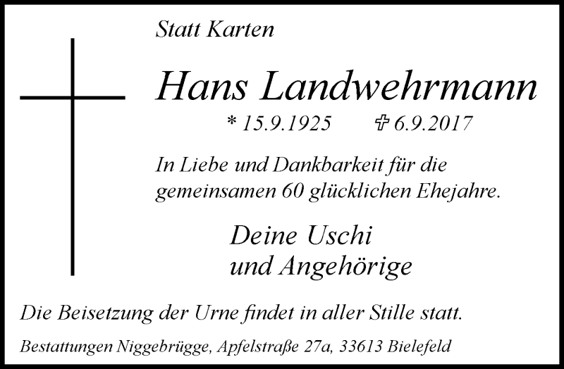  Traueranzeige für Hans Landwehrmann vom 09.09.2017 aus Neue Westfälische