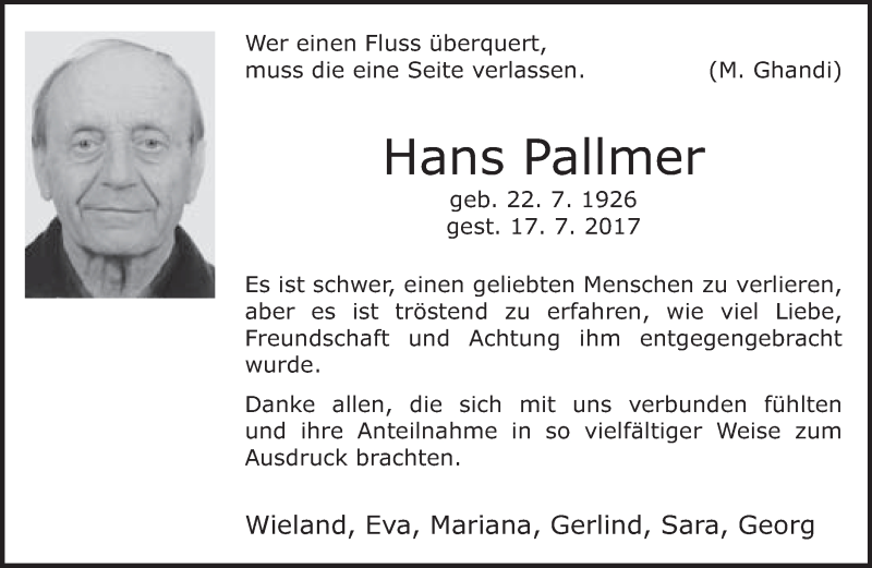  Traueranzeige für Hans Pallmer vom 09.09.2017 aus Neue Westfälische