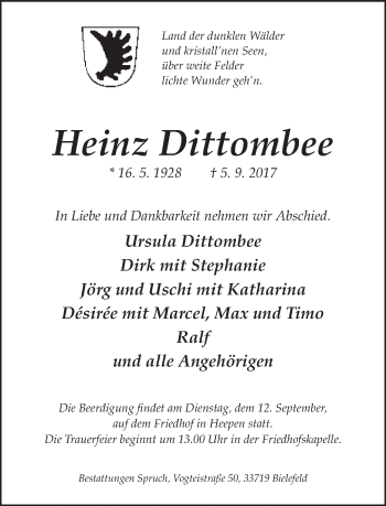 Traueranzeige von Heinz Dittombee von Neue Westfälische
