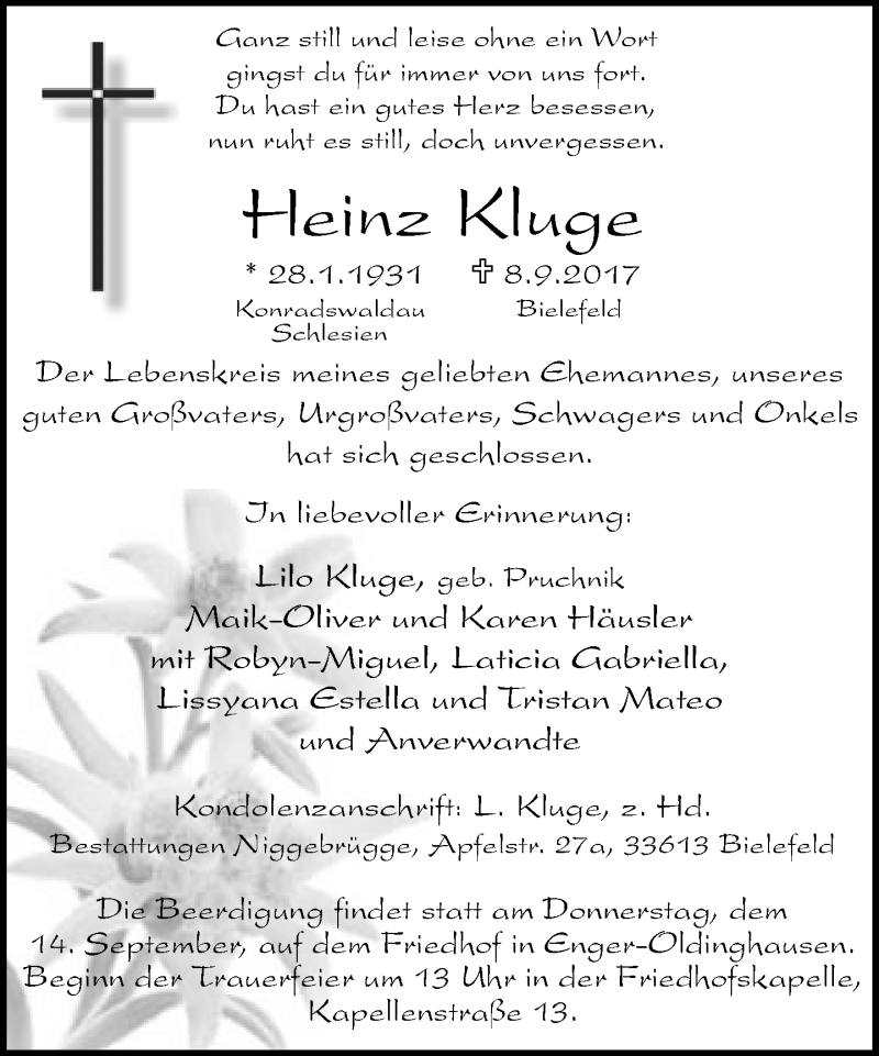  Traueranzeige für Heinz Kluge vom 12.09.2017 aus Neue Westfälische