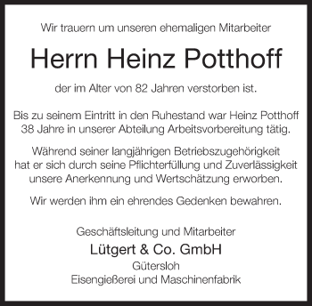 Traueranzeige von Heinz Potthoff von Neue Westfälische