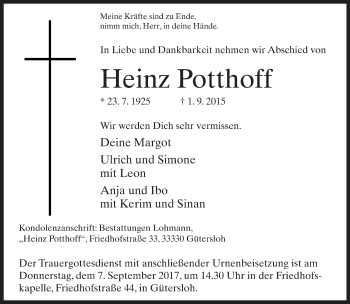 Traueranzeige von Heinz Potthoff von Neue Westfälische