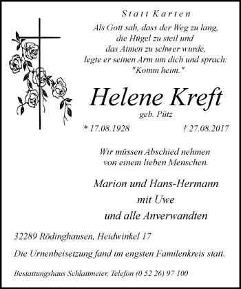 Traueranzeige von Helene Kreft von Neue Westfälische