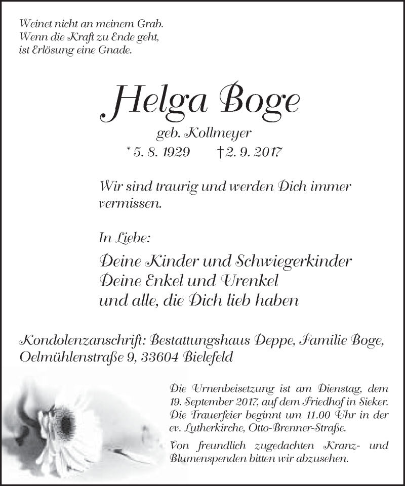  Traueranzeige für Helga Boge vom 09.09.2017 aus Neue Westfälische