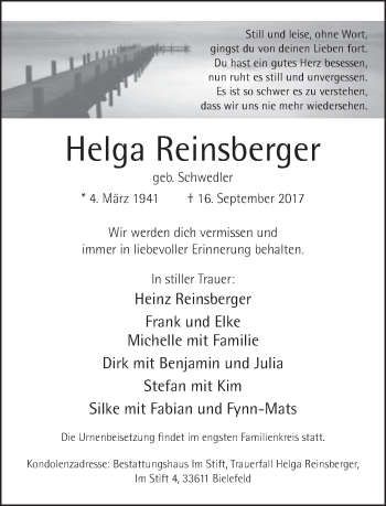 Traueranzeige von Helga Reinsberger von Neue Westfälische
