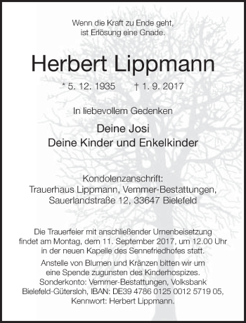 Traueranzeige von Herbert Lippmann von Neue Westfälische
