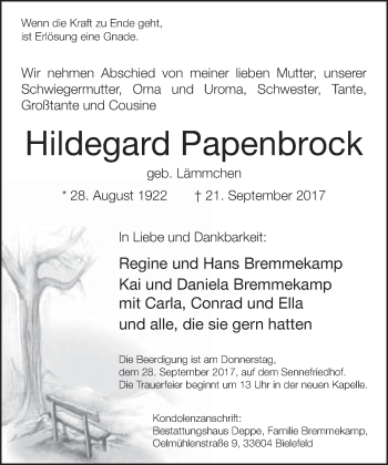 Traueranzeige von Hildegard Papenbrock von Neue Westfälische