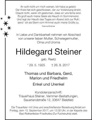 Traueranzeige von Hildegard Steiner von Neue Westfälische