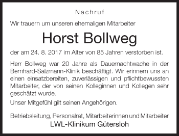 Traueranzeige von Horst Bollweg von Neue Westfälische