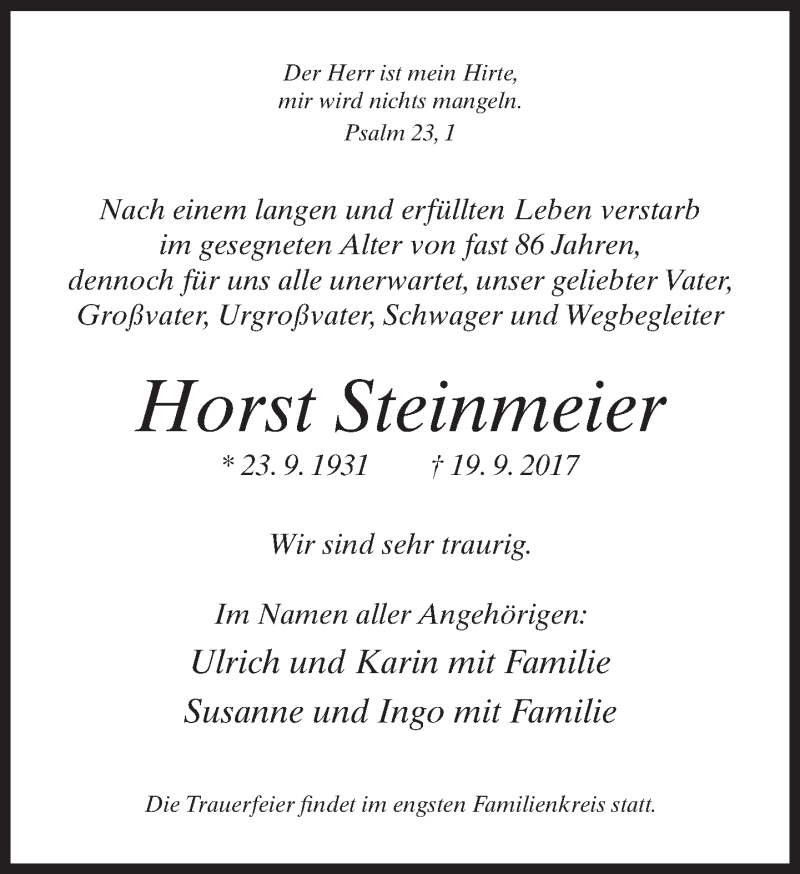  Traueranzeige für Horst Steinmeier vom 27.09.2017 aus Neue Westfälische