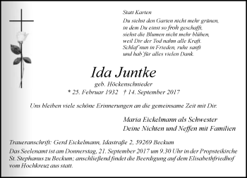 Traueranzeige von Ida Juntke von Neue Westfälische