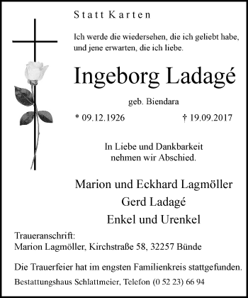 Traueranzeige von Ingeborg Ladage von Neue Westfälische