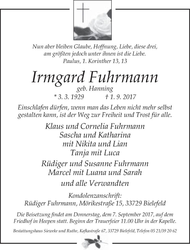  Traueranzeige für Irmgard Fuhrmann vom 04.09.2017 aus Neue Westfälische