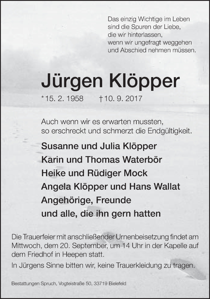  Traueranzeige für Jürgen Klöpper vom 16.09.2017 aus Neue Westfälische