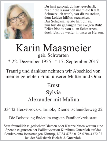 Traueranzeige von Karin Maasmeier von Neue Westfälische