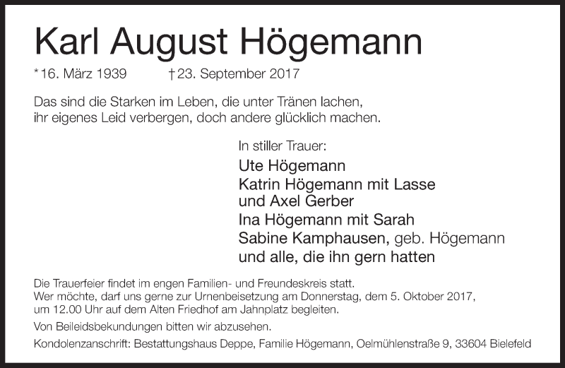  Traueranzeige für Karl August Högemann vom 30.09.2017 aus Neue Westfälische