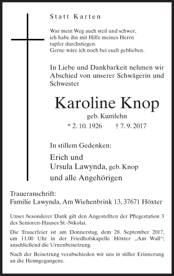 Traueranzeige von Karoline Knop von Neue Westfälische
