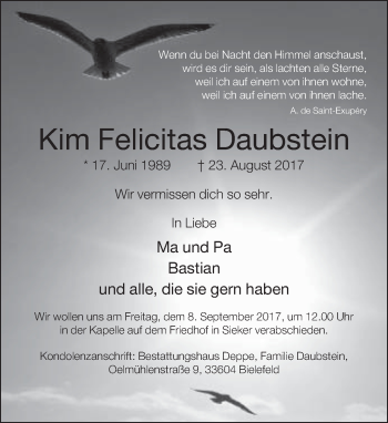 Traueranzeige von Kim Felicitas Daubstein von Neue Westfälische