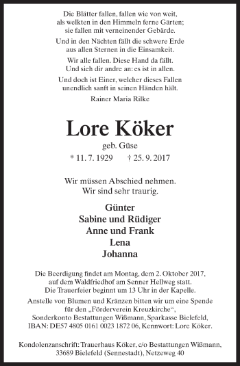 Traueranzeige von Lore Köker von Neue Westfälische