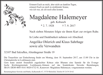 Traueranzeige von Magdalene Halemeyer von Neue Westfälische