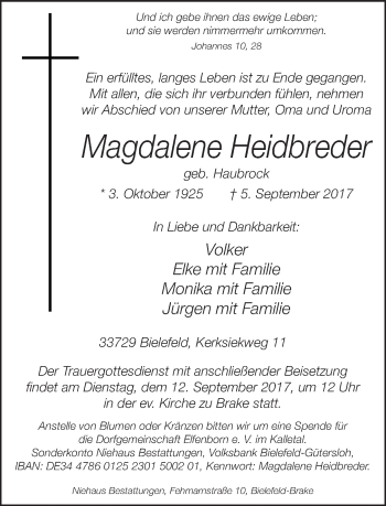 Traueranzeige von Magdalene Heidbreder von Neue Westfälische