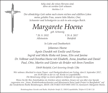 Traueranzeige von Margarete Hoene von Neue Westfälische