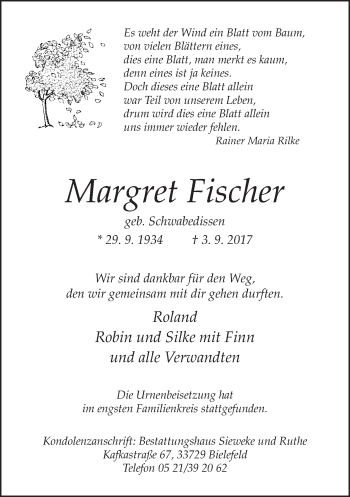 Traueranzeige von Margret Fischer von Neue Westfälische