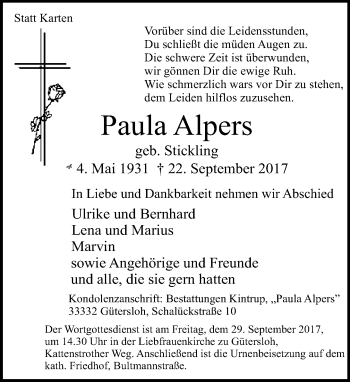 Traueranzeige von Paula Alpers von Neue Westfälische