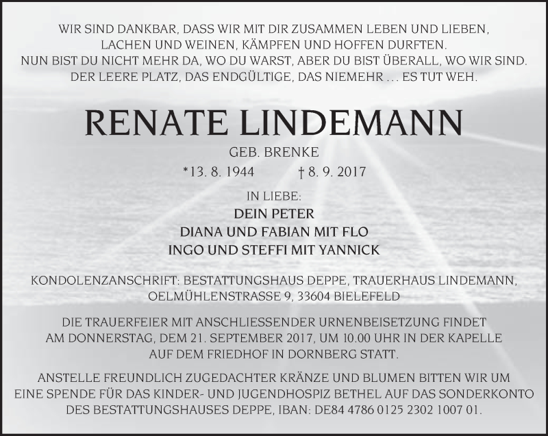  Traueranzeige für Renate Lindemann vom 16.09.2017 aus Neue Westfälische
