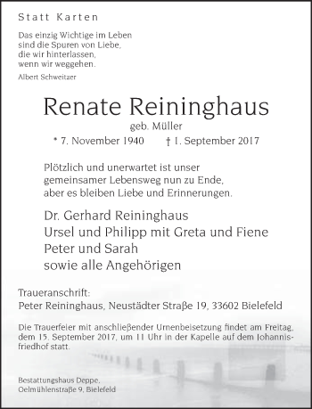 Traueranzeige von Renate Reininghaus von Neue Westfälische