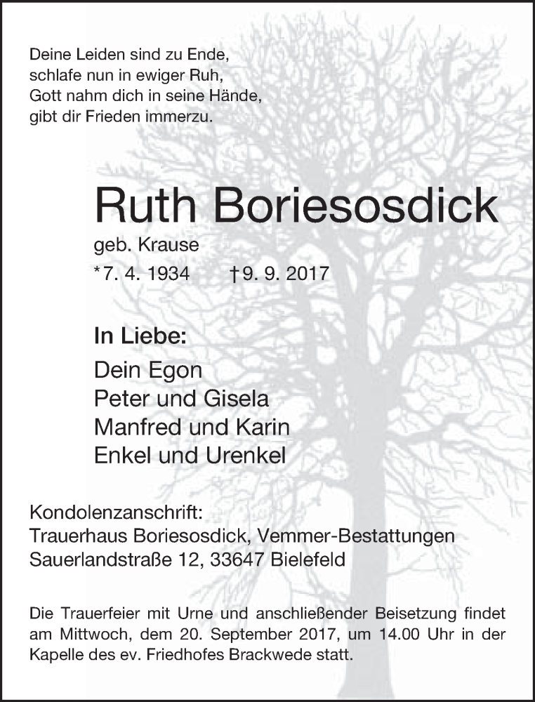 Traueranzeige für Ruth Boriesosdick vom 16.09.2017 aus Neue Westfälische