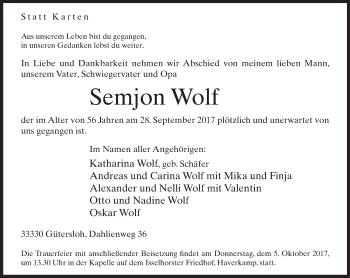 Traueranzeige von Semjon Wolf von Neue Westfälische
