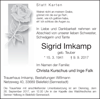 Traueranzeige von Sigrid Imkamp von Neue Westfälische