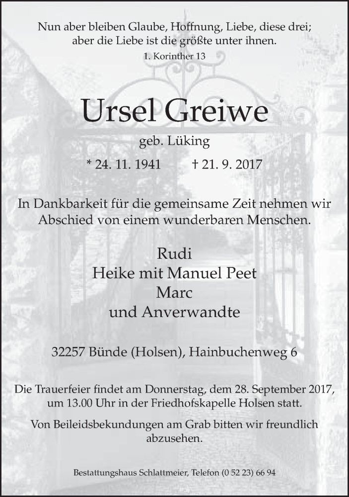  Traueranzeige für Ursel Greiwe vom 25.09.2017 aus Neue Westfälische