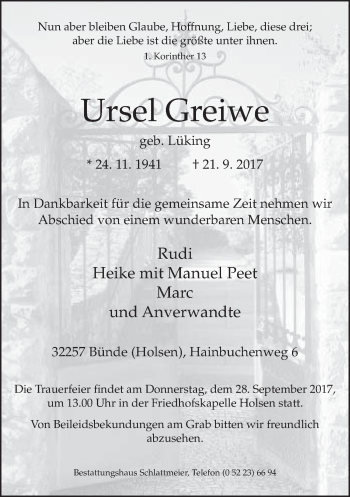 Traueranzeige von Ursel Greiwe von Neue Westfälische