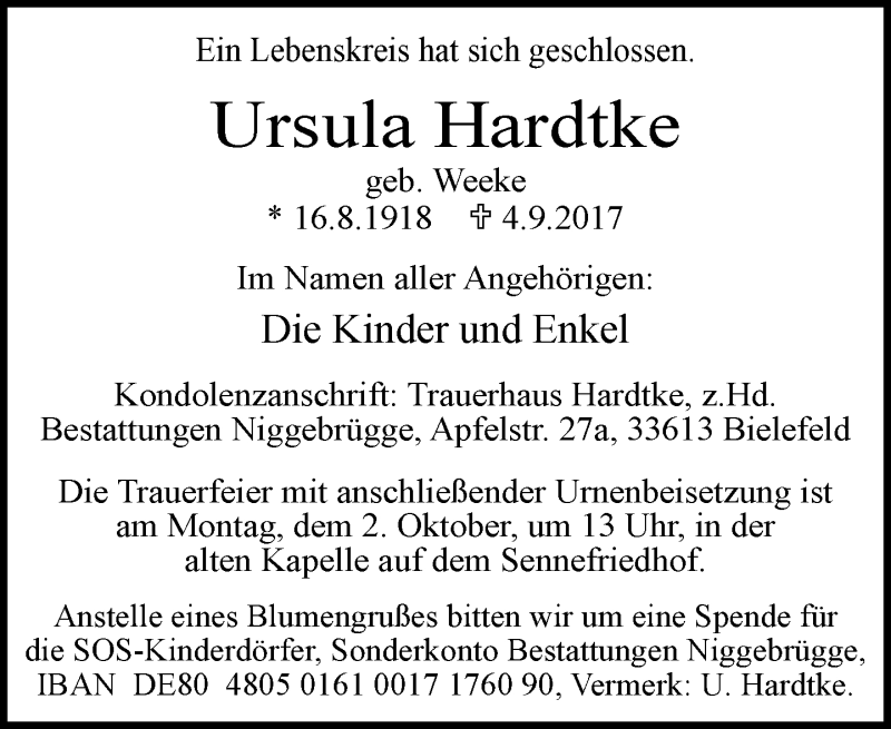  Traueranzeige für Ursula Hardtke vom 23.09.2017 aus Neue Westfälische