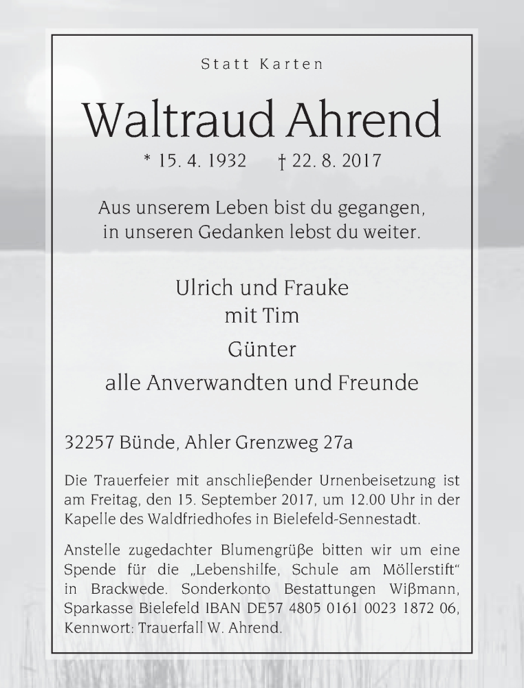  Traueranzeige für Waltraud Ahrend vom 02.09.2017 aus Neue Westfälische
