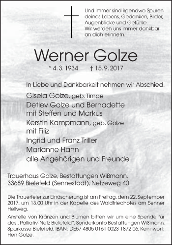 Traueranzeige von Werner Golze von Neue Westfälische