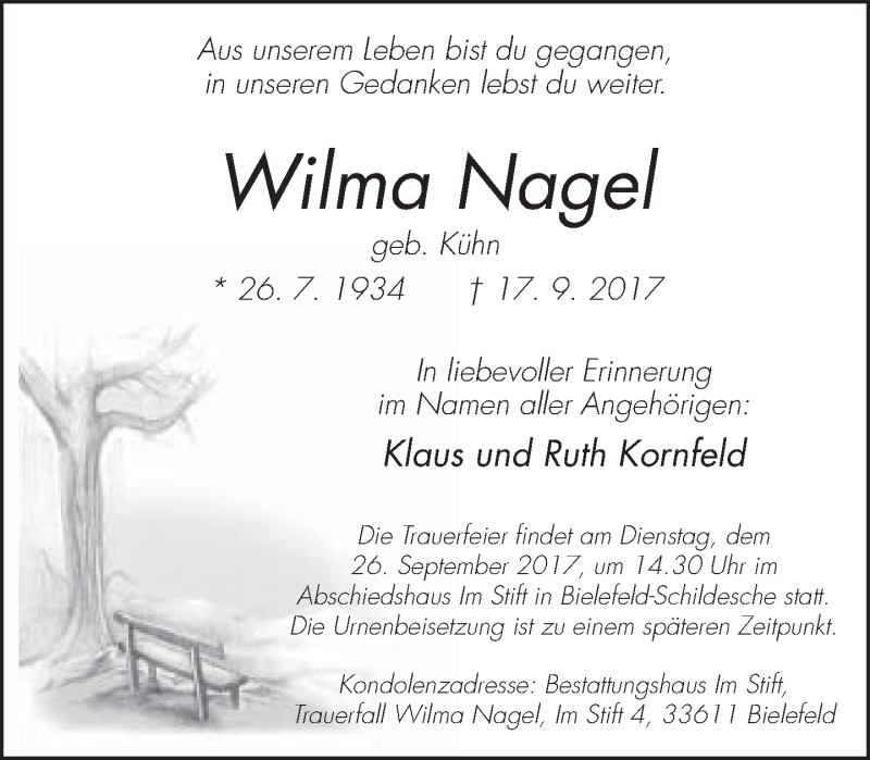  Traueranzeige für Wilma Nagel vom 23.09.2017 aus Neue Westfälische