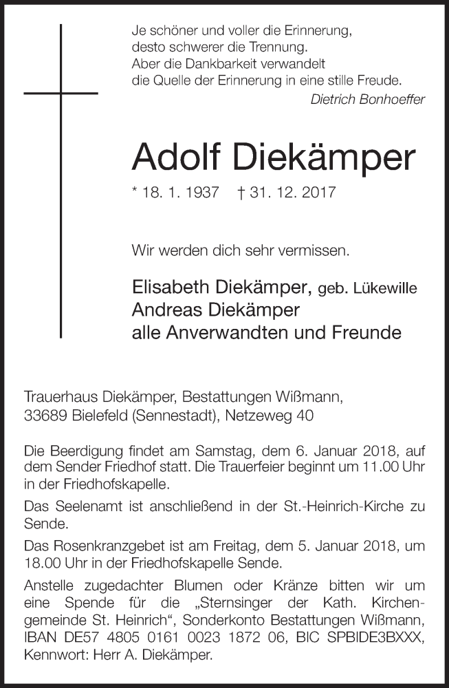  Traueranzeige für Adolf Diekämper vom 03.01.2018 aus Neue Westfälische