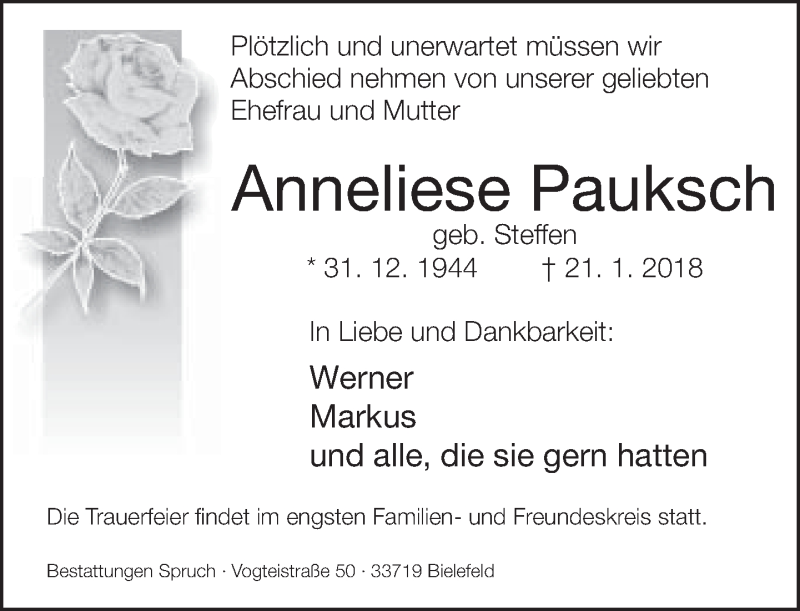  Traueranzeige für Anneliese Pauksch vom 30.01.2018 aus Neue Westfälische
