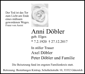 Traueranzeige von Anni Döbler von Neue Westfälische