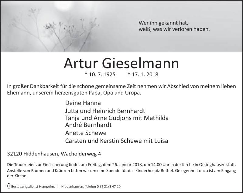  Traueranzeige für Artur Gieselmann vom 23.01.2018 aus Neue Westfälische