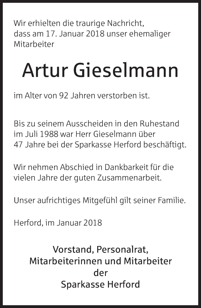  Traueranzeige für Artur Gieselmann vom 25.01.2018 aus Neue Westfälische